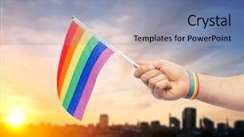  Presentation with lgbt pride flag rainbow flag - Presentation design featuring holding rainbow flag over city background and a seafoam green colored foreground