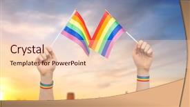  Presentation with rainbow lgbt - PPT theme enhanced with holding rainbow flags over city background and a lemonade colored foreground