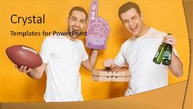  Presentation with two men climbing - Cool new PPT layouts with holding rugby ball and number backdrop and a gold colored foreground