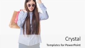  Presentation with young woman - Slide deck consisting of holding shopping bags on sale background and a  colored foreground