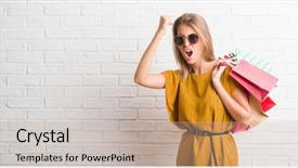  Presentation with white brick - PPT theme consisting of holding shopping bags on sale background and a  colored foreground