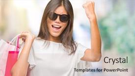  Presentation with woman pushing shopping trolley - Audience pleasing slides consisting of holding shopping bags on sale backdrop and a  colored foreground