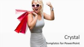  Presentation with woman pushing shopping trolley - Slides consisting of holding shopping bags on sale background and a  colored foreground