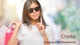  Presentation with woman pushing shopping trolley - Slide deck with holding shopping bags on sales background and a  colored foreground