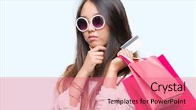  Presentation with woman pushing shopping trolley - Colorful slide set enhanced with holding shopping bags on sales backdrop and a  colored foreground