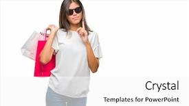  Presentation with young woman - PPT theme having holding shopping bags on sales background and a  colored foreground