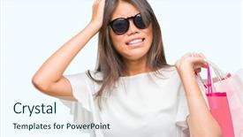  Presentation with woman pushing shopping trolley - Slides enhanced with holding shopping bags on sales background and a sky blue colored foreground