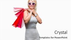  Presentation with woman pushing shopping trolley - PPT layouts with holding shopping bags on sales background and a white colored foreground