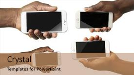  Presentation with man holding phone - Amazing PPT theme having holding smart phone in different backdrop and a coral colored foreground