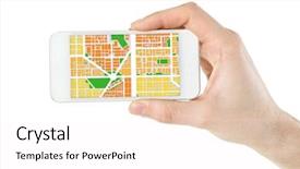 Presentation with city map - Audience pleasing PPT layouts consisting of holding smart phone with map backdrop and a white colored foreground