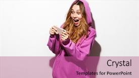  Presentation with what is video gaming - Beautiful slides featuring holding smartphone and playing video backdrop and a coral colored foreground