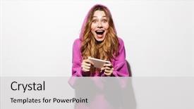  Presentation with video game addiction - Colorful PPT layouts enhanced with holding smartphone and playing video backdrop and a light gray colored foreground