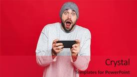  Presentation with video games playing - Amazing presentation theme having holding smartphone and playing video backdrop and a red colored foreground