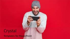  Presentation with video game 3d play games - Presentation consisting of holding smartphone and playing video background and a red colored foreground