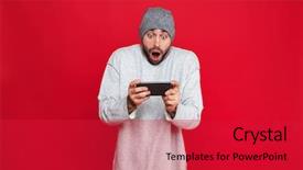  Presentation with video game 3d play games - PPT theme consisting of holding smartphone and playing video background and a  colored foreground