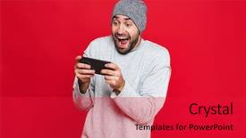  Presentation with war video game - Slide deck with holding smartphone and playing video background and a  colored foreground