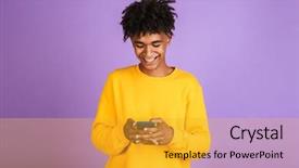  Presentation with american quilt - Slide set featuring holding smartphone isolated over violet background and a gold colored foreground