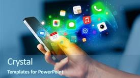  Presentation with smartphone app - PPT theme consisting of holding smartphone with colorful app background and a ocean colored foreground