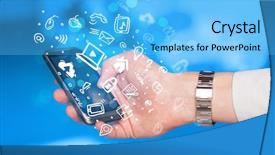  Presentation with smartphone - Presentation theme enhanced with holding smartphone with media icon background and a light blue colored foreground