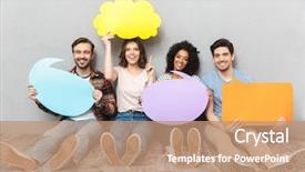  Presentation with group of happy couples - Slide deck with holding speech and thoughtful bubble background and a coral colored foreground