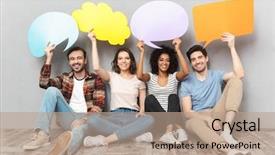  Presentation with happy image - PPT layouts having holding speech and thoughtful bubble background and a coral colored foreground