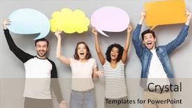  Presentation with emotions face speech - Colorful presentation theme enhanced with holding speech and thoughtful bubble backdrop and a mint green colored foreground