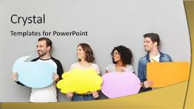  Presentation with happy-image - PPT theme featuring holding speech and thoughtful bubble background and a light gray colored foreground