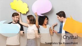  Presentation with bubbles feedback survey words speech - Slide deck enhanced with holding speech and thoughtful bubble background and a coral colored foreground