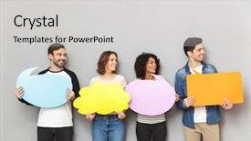  Presentation with happy image - PPT theme enhanced with holding speech and thoughtful bubble background and a light gray colored foreground