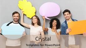  Presentation with emotions face speech - Beautiful PPT theme featuring holding speech and thoughtful bubble backdrop and a coral colored foreground