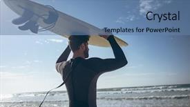  Presentation with rear view of bodyguard - Presentation design with holding surfboard on his head background and a teal colored foreground