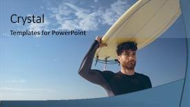  Presentation with young - Colorful presentation theme enhanced with holding surfboard on his head backdrop and a light blue colored foreground