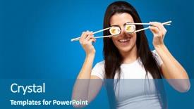  Presentation with portrait of excited overjoyed female - Beautiful theme featuring hands clasped and keeping eye backdrop and a gray colored foreground