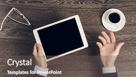  Presentation with workplace and time - Audience pleasing PPT theme consisting of holding tablet - businessman at workplace backdrop and a gray colored foreground