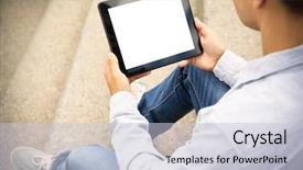  Presentation with gadget - PPT layouts consisting of holding tablet - young man with gadget sitting background and a lemonade colored foreground