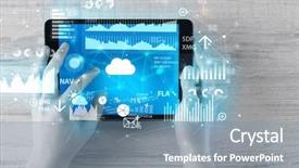  Presentation with cloud computing - Cool new presentation with holding tablet and checking finantial backdrop and a  colored foreground