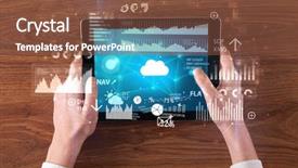  Presentation with cloud computing - Presentation having holding tablet and checking finantial background and a  colored foreground