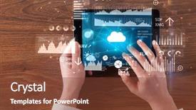  Presentation with management report system: mrs - Cool new slides with holding tablet and checking finantial backdrop and a  colored foreground