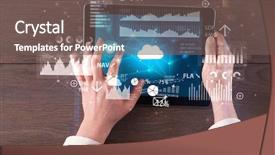  Presentation with cloud computing - Presentation design enhanced with holding tablet and checking finantial background and a  colored foreground