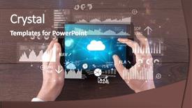  Presentation with management report system: mrs - Slides consisting of holding tablet and checking finantial background and a  colored foreground