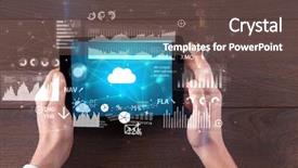  Presentation with cloud computing - Slide set consisting of holding tablet and checking finantial background and a  colored foreground