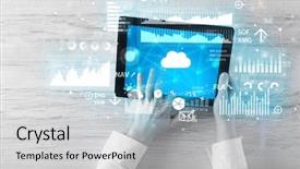  Presentation with management report system: mrs - Amazing theme having holding tablet and checking finantial backdrop and a  colored foreground