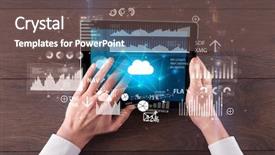  Presentation with management report system: mrs - Slide deck with holding tablet and checking finantial background and a  colored foreground