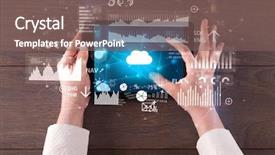  Presentation with cloud computing - Cool new presentation with holding tablet and checking finantial backdrop and a  colored foreground