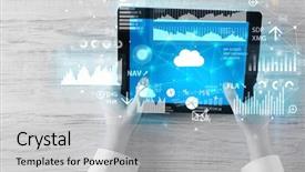  Presentation with management report system: mrs - PPT theme with holding tablet and checking finantial background and a  colored foreground