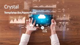  Presentation with management report system: mrs - Slide set with holding tablet and checking finantial background and a  colored foreground