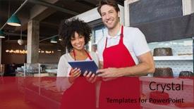  Presentation with apron harvest - Slides having holding tablet at the bakery background and a crimson colored foreground