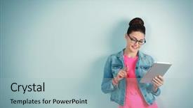  Presentation with light colors - Presentation consisting of holding tablet on light background background and a light blue colored foreground