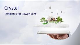  Presentation with hands holding black tablet - Audience pleasing PPT layouts consisting of holding tablet pc with house backdrop and a  colored foreground