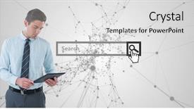  Presentation with digital - Slide set featuring holding tablet pc with search background and a light gray colored foreground